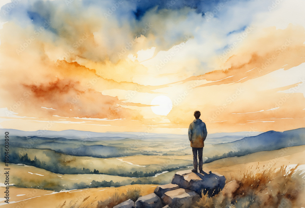 Man watching sunrise from mountain cliff Man watching sunrise from mountain cliff