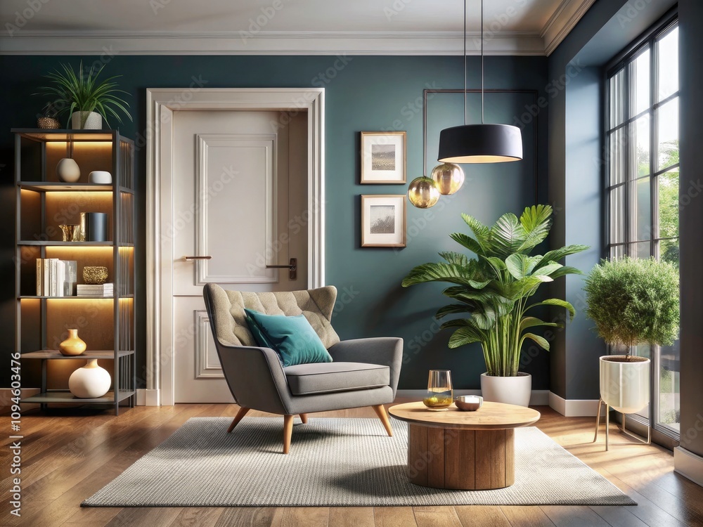 Fototapeta premium Modern Living Room Interior with Stylish Armchair and Elegant Door - Drone Photography for Contemporary Home Design Inspiration