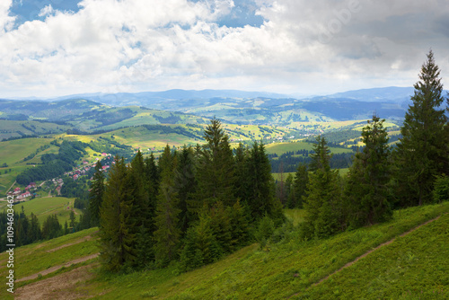 beautiful view of a countryside in carpathian mountains. remote district. cloudy weather in summer. trees on the steep slope. village in the valley. dappled light. green environment