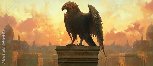 Majestic griffin statue perched atop a column, overlooking a picturesque sunset cityscape.  Mythical creature, fantasy art. photo