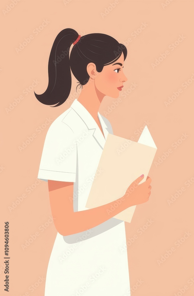 A nurse dressed in a snow-white uniform thoughtfully reads a medical history. A nurse dressed in a snow-white uniform thoughtfully reads a medical history.