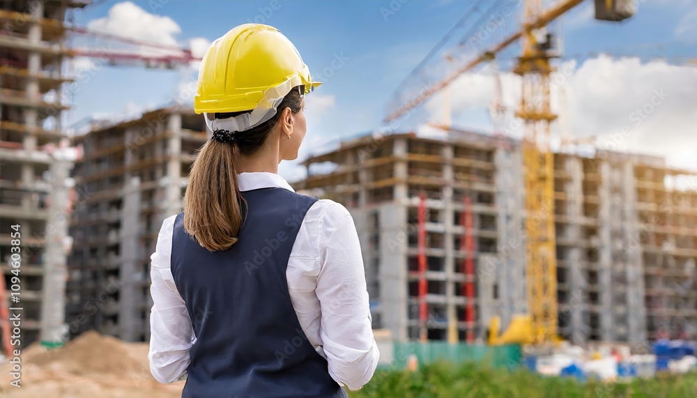 Back view of a construction engineer wearing standard safety gear, analyzing the progress of a modern building project at a construction site during a clear and sunny day. Back view of a construction engineer wearing standard safety gear, analyzing the progress of a modern building project at a construction site during a clear and sunny day.