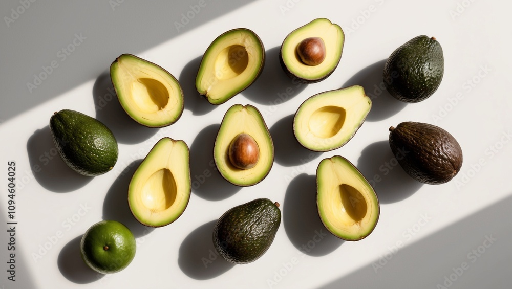 High angle view of several halved and unhalved avocados. High angle view of several halved and unhalved avocados.