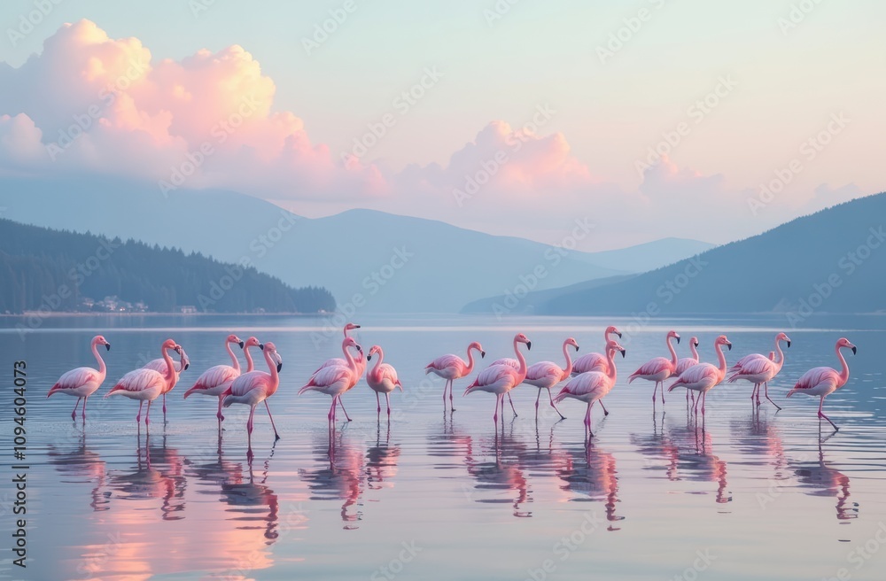 Fototapeta premium vibrant flamingos gracefully standing in a serene lake, with majestic mountains beautifully rising in the background