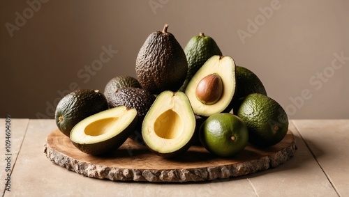 High angle view of several halved and unhalved avocados.