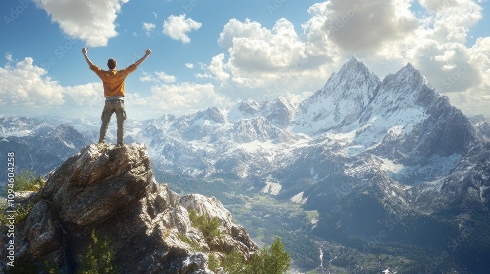 A man is standing on a mountain top, with his arms raised in the air. Concept of triumph and accomplishment, as the man has reached the summit of the mountain A man is standing on a mountain top, with his arms raised in the air. Concept of triumph and accomplishment, as the man has reached the summit of the mountain