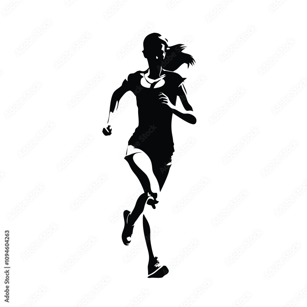 A woman running with her arms outstretched. She is wearing a black shirt and shorts. She is wearing a black and white outfit A woman running with her arms outstretched. She is wearing a black shirt and shorts. She is wearing a black and white outfit