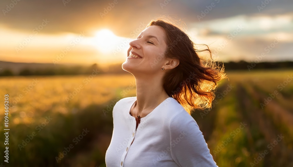 A radiant backlit portrait of a serene, joyful woman smiling with closed eyes, capturing the essence of tranquility, freedom, and inner peace as she embraces the beauty of the moment. A radiant backlit portrait of a serene, joyful woman smiling with closed eyes, capturing the essence of tranquility, freedom, and inner peace as she embraces the beauty of the moment.