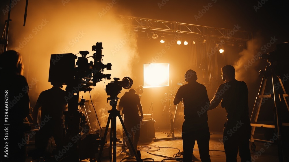 Fototapeta premium Film Crew Silhouetted Against Bright Stage Lighting