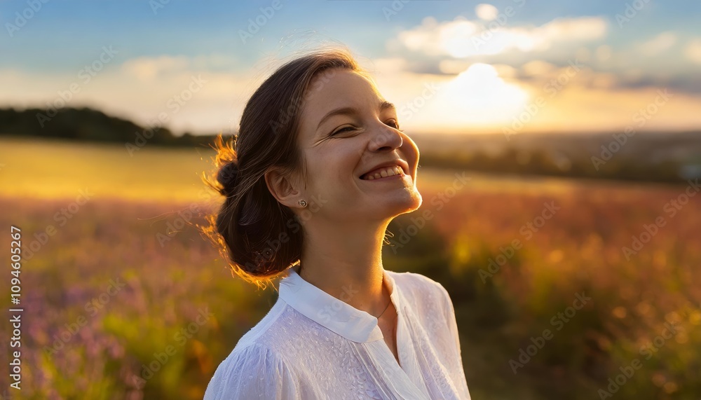 Backlit Portrait of a Serene, Smiling Woman with Closed Eyes, Relishing a Peaceful Moment in Natural Light, Embracing Tranquility and Freedom in a Beautiful Outdoor Setting. Backlit Portrait of a Serene, Smiling Woman with Closed Eyes, Relishing a Peaceful Moment in Natural Light, Embracing Tranquility and Freedom in a Beautiful Outdoor Setting.