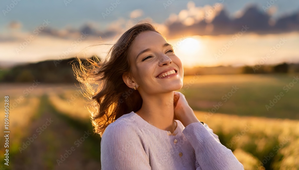 Backlit portrait of a serene, happy woman smiling freely with her eyes closed, basking in a tranquil moment of peace and joy, captured in soft golden light to highlight her calm presence. Backlit portrait of a serene, happy woman smiling freely with her eyes closed, basking in a tranquil moment of peace and joy, captured in soft golden light to highlight her calm presence.