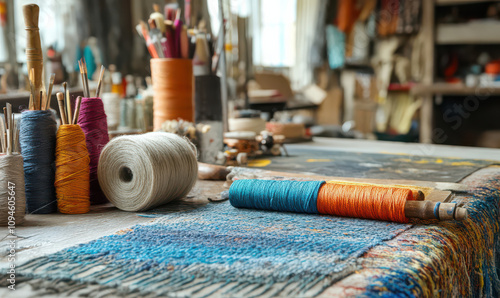 vibrant tapestry workshop scene colorful threads and bobbins exude creativity photo