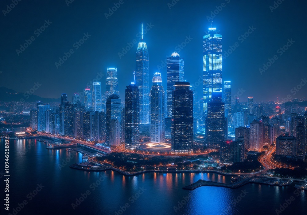 Fototapeta premium Stunning nighttime skyline of a modern metropolis with shimmering lights and waterfront views