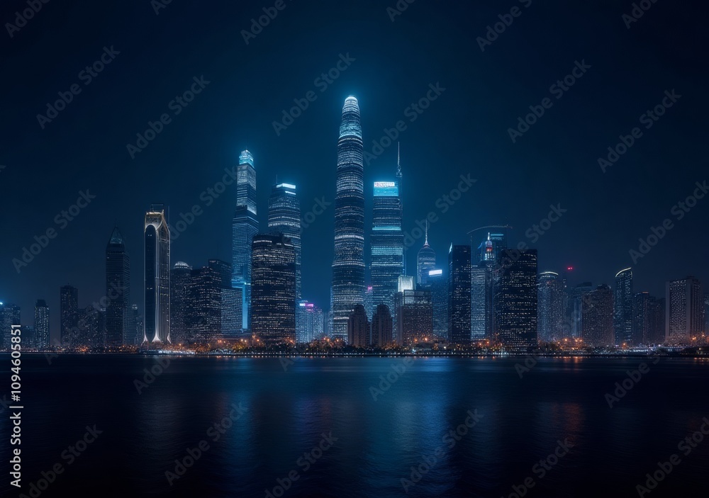 Skyline view of modern buildings illuminated at night reflecting in water Skyline view of modern buildings illuminated at night reflecting in water