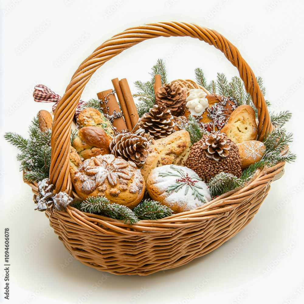 A festive wicker basket filled with assorted baked goods and seasonal decorations, set against a softly on a white background. A festive wicker basket filled with assorted baked goods and seasonal decorations, set against a softly on a white background.