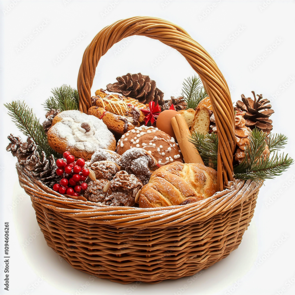 A festive wicker basket filled with assorted baked goods and seasonal decorations, set against a softly on a white background. A festive wicker basket filled with assorted baked goods and seasonal decorations, set against a softly on a white background.
