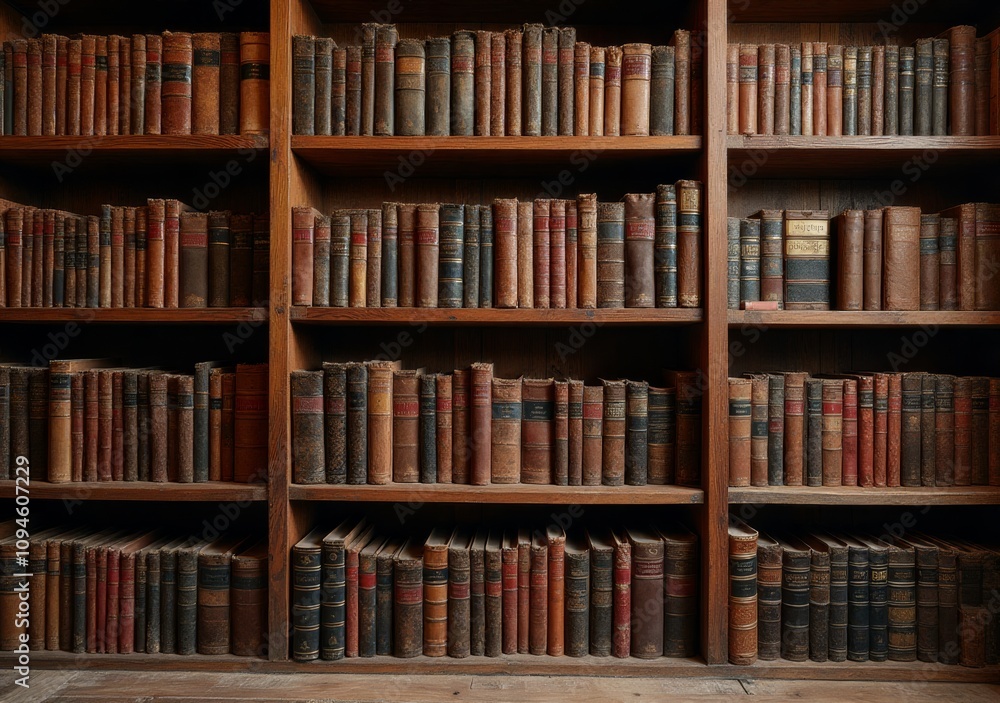 Old books arranged on wooden shelves in a quiet library, showcasing a rich history of literature Old books arranged on wooden shelves in a quiet library, showcasing a rich history of literature