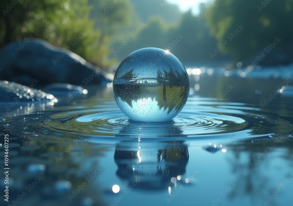Reflection of nature captured in crystal sphere on tranquil water surface in serene outdoor setting Reflection of nature captured in crystal sphere on tranquil water surface in serene outdoor setting