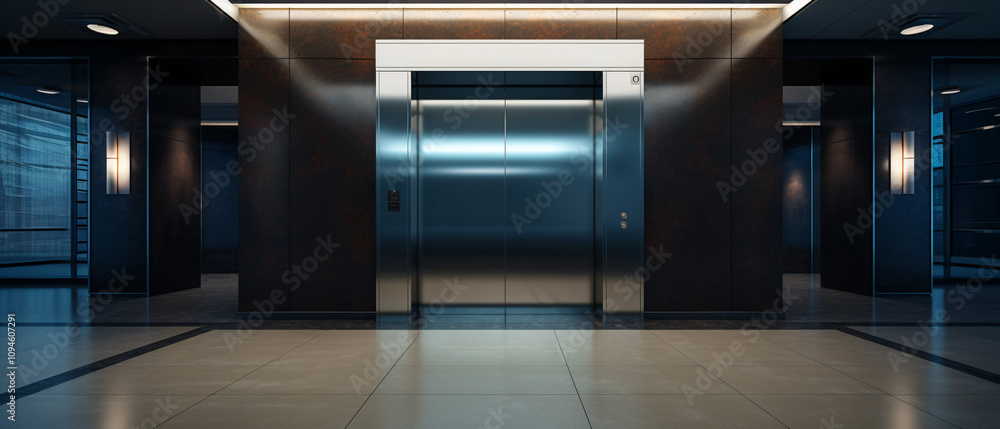 A blank billboard or poster next to an empty elevator cabin, offering a space for advertisement or design placement.
A blank billboard or poster next to an empty elevator cabin, offering a space for advertisement or design placement.
