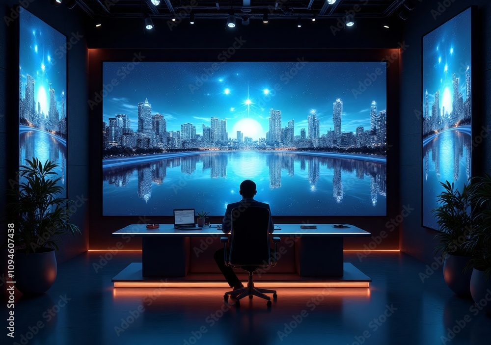 Modern office with a cityscape view at night showcasing advanced technology and serene atmosphere Modern office with a cityscape view at night showcasing advanced technology and serene atmosphere