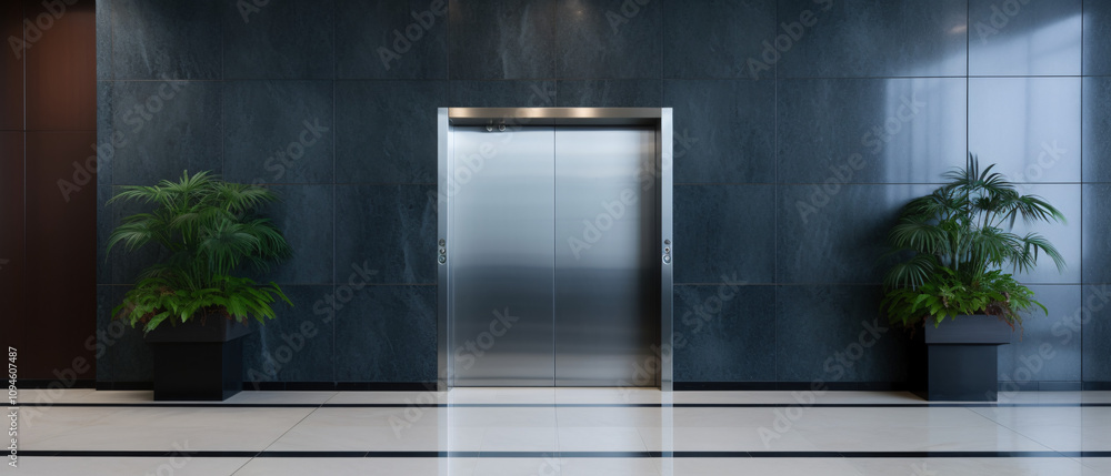 A blank billboard or poster next to an empty elevator cabin, offering a space for advertisement or design placement.
A blank billboard or poster next to an empty elevator cabin, offering a space for advertisement or design placement.