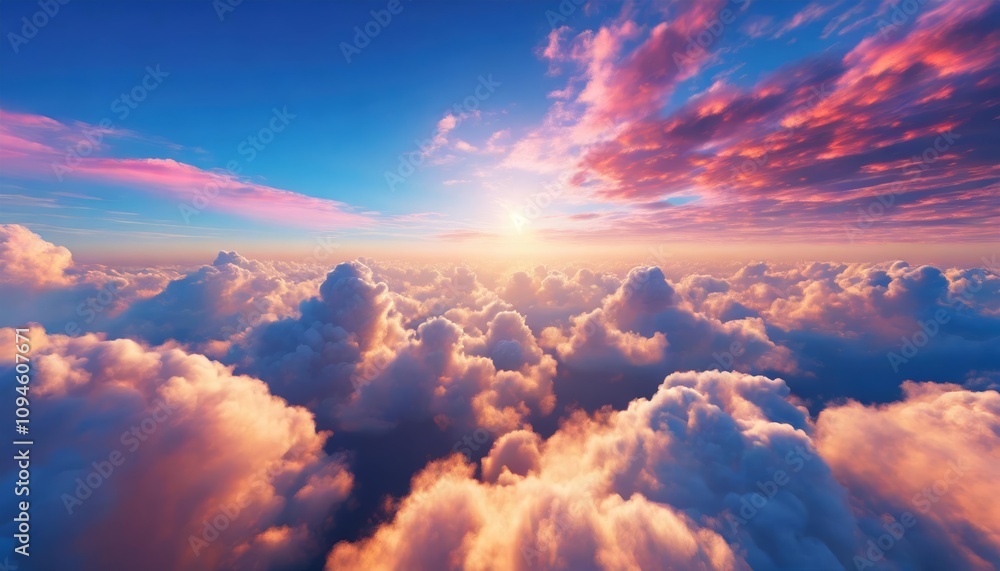 Stunning Aerial View of Sunset Above Clouds – A Mesmerizing Cloudscape with Vibrant Pink Hues, Blue Sky, and Serene Atmosphere Captured in Nature’s Golden Hour of Beauty Stunning Aerial View of Sunset Above Clouds – A Mesmerizing Cloudscape with Vibrant Pink Hues, Blue Sky, and Serene Atmosphere Captured in Nature’s Golden Hour of Beauty