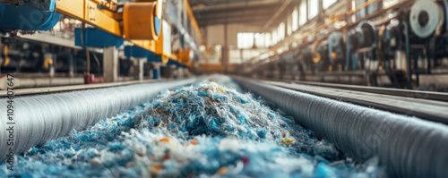 Recycled polyester threads being processed in textile factory, showcasing transformation of waste materials into usable fibers. vibrant colors and textures highlight sustainability efforts