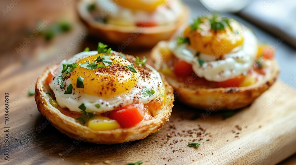 Three fried eggs on bread with red and yellow peppers, and a sprinkle of parsley and spices. Three fried eggs on bread with red and yellow peppers, and a sprinkle of parsley and spices.