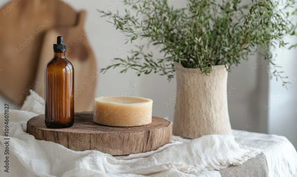 Serene amber bottle and handmade soap on rustic wood evokes calm Serene amber bottle and handmade soap on rustic wood evokes calm