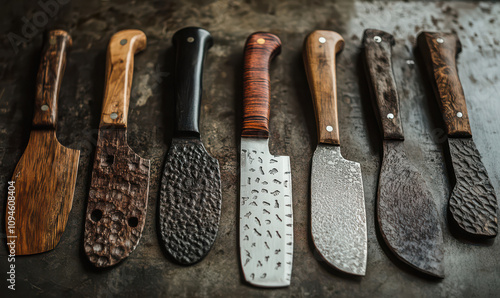 Handcrafted knives rustic wood handle metal blades tools craftsmanship unique kitchen knives chef knife butcher knife cleaver handmade forged steel collection set dark background texture artisan photo