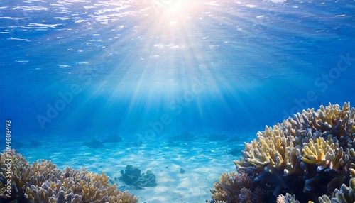 Beautiful blue ocean background featuring vibrant sunlight rays illuminating an enchanting undersea scene with rippling water, coral details, and serene marine atmosphere, perfect for