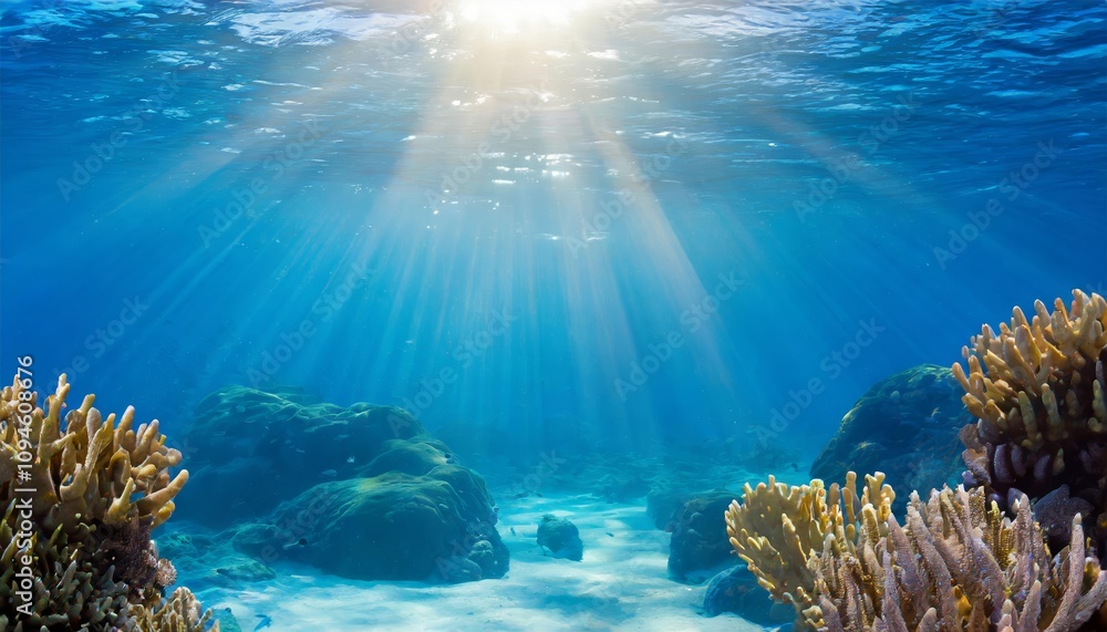 Naklejka premium Serene blue ocean background with sunlight rays streaming underwater, showcasing a peaceful undersea scene teeming with life, capturing the beauty of marine landscapes and aquatic