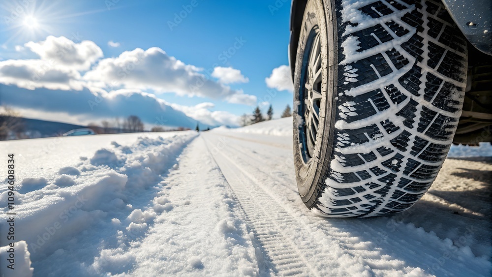 Close-up of a car tire with snow chains driving on a snowy road in winter. The scene captures the importance of safety and traction during icy conditions. Perfect for winter travel or automotive theme Close-up of a car tire with snow chains driving on a snowy road in winter. The scene captures the importance of safety and traction during icy conditions. Perfect for winter travel or automotive theme