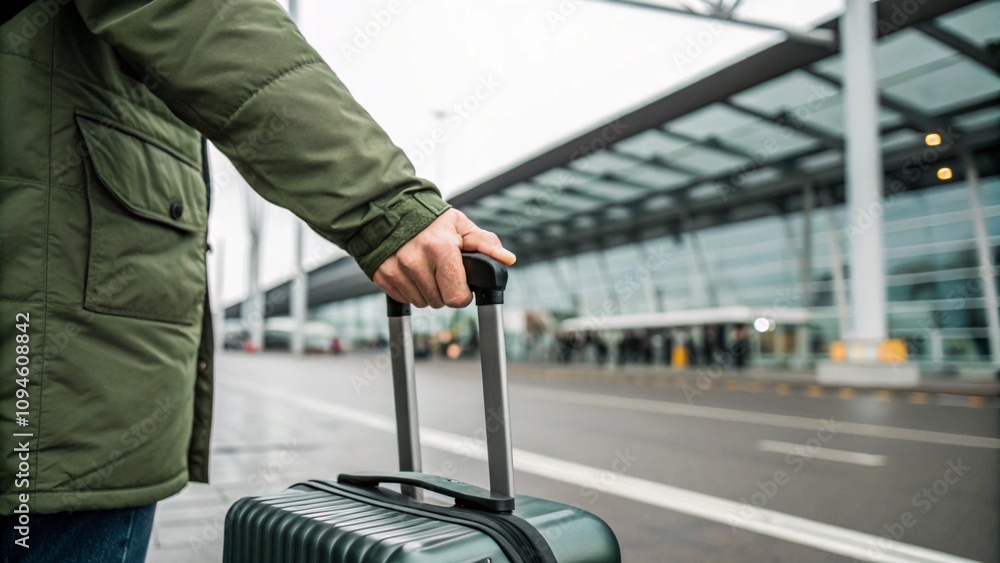 Close-up of a traveler holding a green suitcase handle outside a modern airport terminal. The scene represents travel, transportation, and the anticipation of a journey. Close-up of a traveler holding a green suitcase handle outside a modern airport terminal. The scene represents travel, transportation, and the anticipation of a journey.