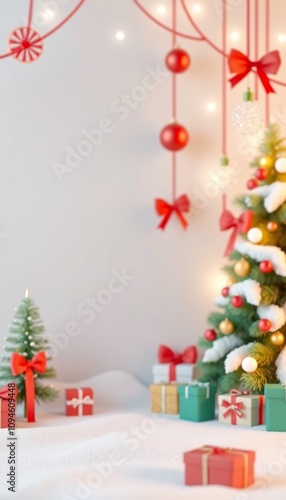 A decorated Christmas tree with red ornaments and snow, presents and a small tree in the foreground.