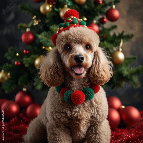 A cheerful poodle in a small red and green Christmas hat sits among the festive decorations, including a Christmas tree and colorful garlands. The atmosphere is joyful and festive