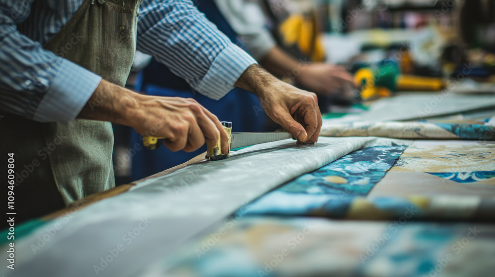 Cutting fabric patterns for bespoke designs, showcasing skilled craftsmanship and attention to detail in vibrant workshop environment Cutting fabric patterns for bespoke designs, showcasing skilled craftsmanship and attention to detail in vibrant workshop environment