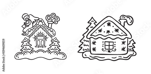 Hand drawn doodle cute gingerbread houses set. Christmas sweets and treats, gingerbread house shaped gingerbread cookies with decoration