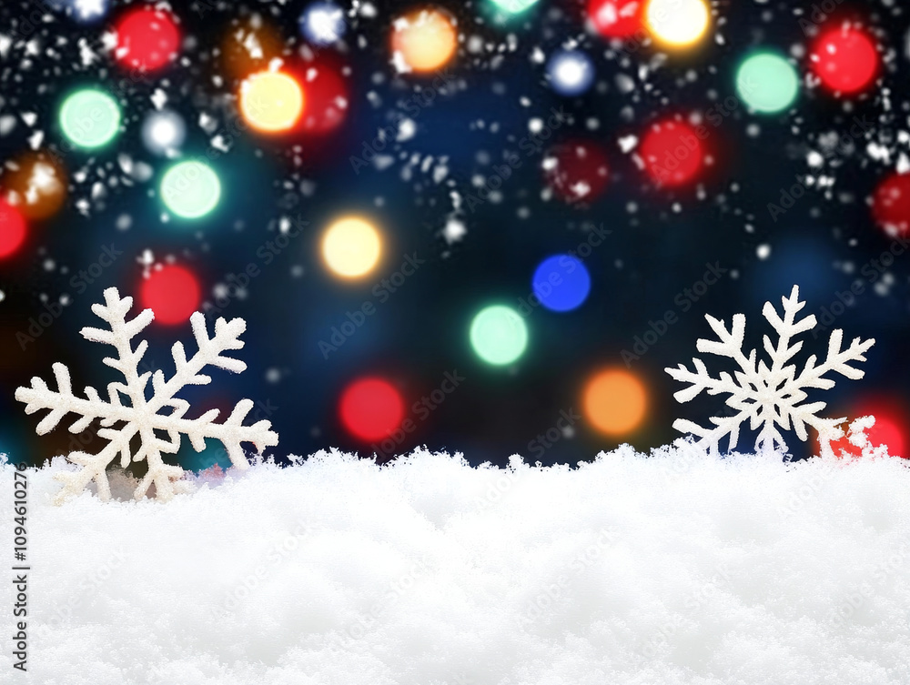 Snowflakes sparkle against colorful bokeh lights in winter. Snowflakes sparkle against colorful bokeh lights in winter.