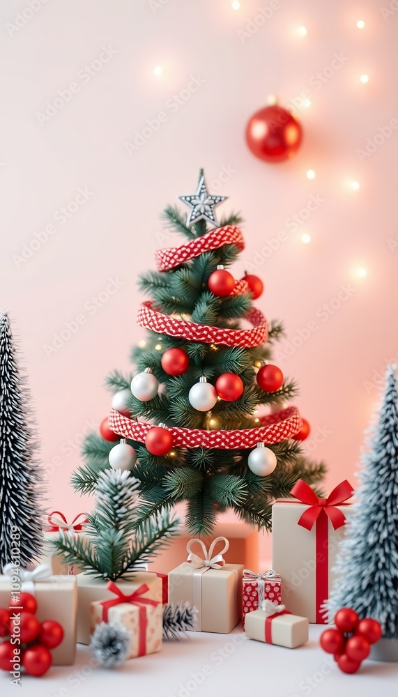 Festive Christmas Tree Decorated With Red Ribbon, Ornaments, And Presents. Festive Christmas Tree Decorated With Red Ribbon, Ornaments, And Presents.