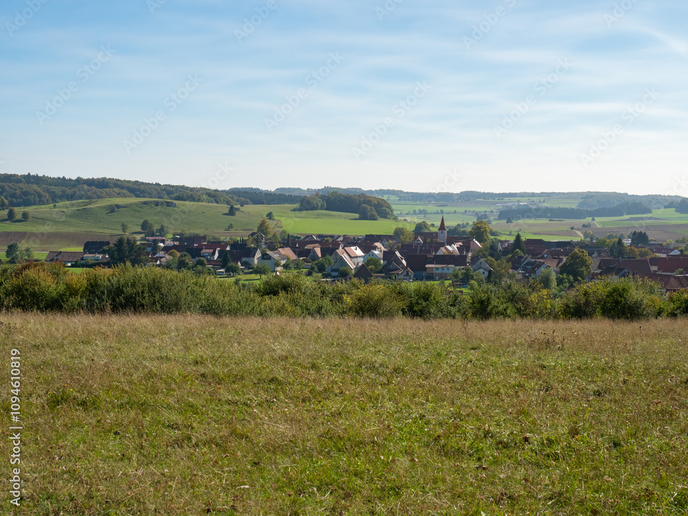 Donnstetten, Germany - October 1st: Beautiful view over the village situated between the hills Donnstetten, Germany - October 1st: Beautiful view over the village situated between the hills