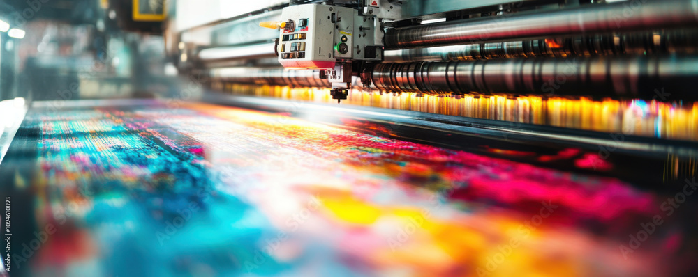 High tech digital printing press producing vibrant textile patterns. advanced machinery showcases colorful designs and intricate details, highlighting modern printing technology High tech digital printing press producing vibrant textile patterns. advanced machinery showcases colorful designs and intricate details, highlighting modern printing technology
