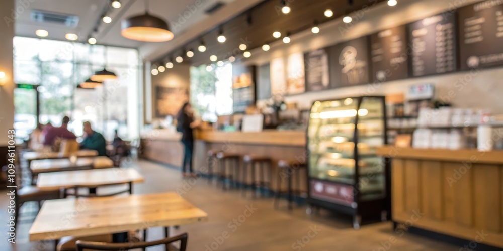 Blurred image of a coffee shop interior with wooden tables, chairs, and a display case Blurred image of a coffee shop interior with wooden tables, chairs, and a display case