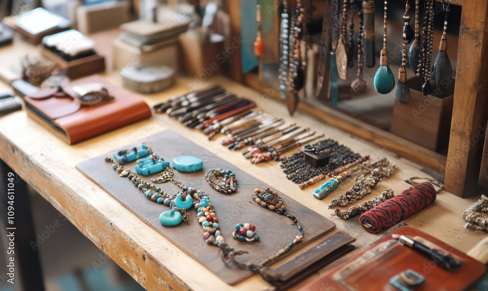 Artisanal turquoise jewelry displayed on wooden table calm, serene atmosphere Artisanal turquoise jewelry displayed on wooden table calm, serene atmosphere