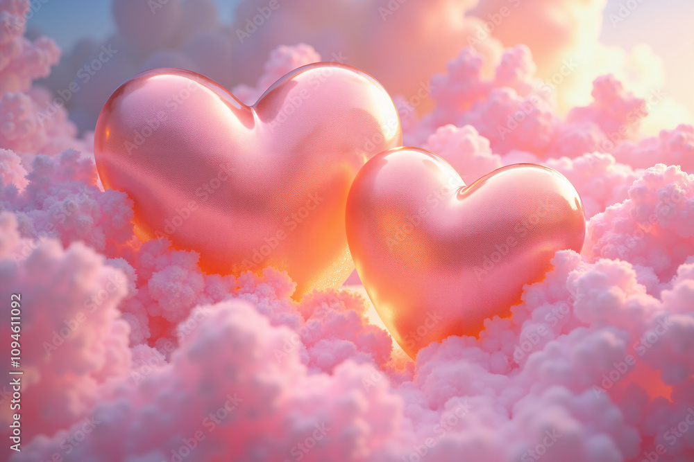 A festive scene of two shiny pink hearts floating on a bed of fluffy pink clouds, set against a blue sky with a warm yellow glow, evoking a romantic Valentine's Day atmosphere. A festive scene of two shiny pink hearts floating on a bed of fluffy pink clouds, set against a blue sky with a warm yellow glow, evoking a romantic Valentine's Day atmosphere.