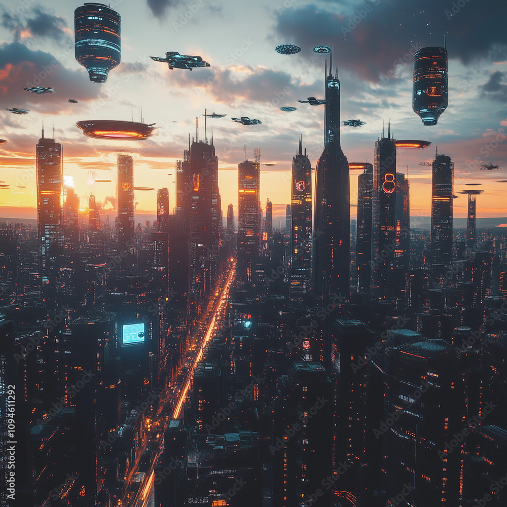 Futuristic skyline with towering neon skyscrapers, flying cars, and ...