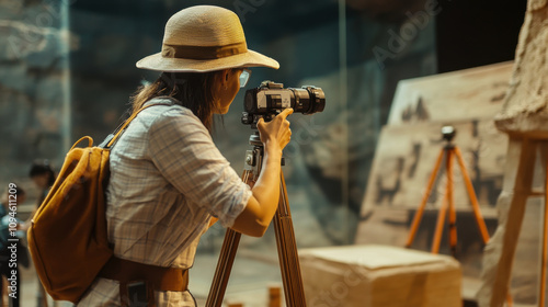 modern archaeologist capturing advanced surveying techniques in historical site, showcasing dedication and precision photo