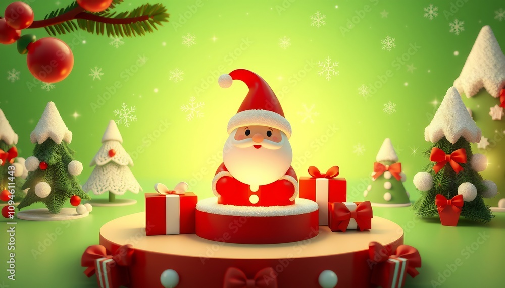 Santa Claus sits on a podium with presents and Christmas trees around him, all on a green background with snowflakes. Santa Claus sits on a podium with presents and Christmas trees around him, all on a green background with snowflakes.