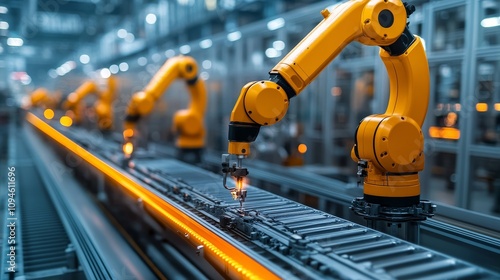 Automated robotic arms working on an assembly line in a factory