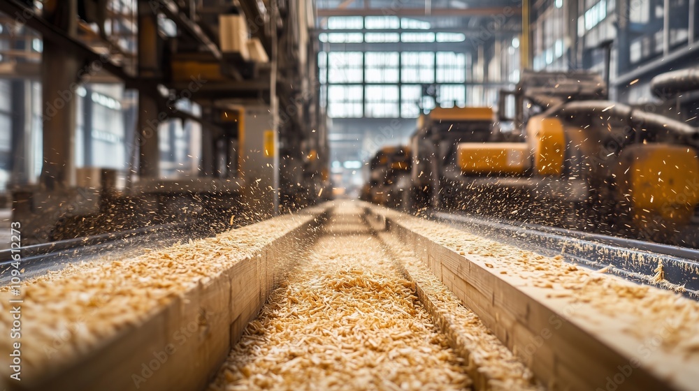 Obraz premium Sawdust flying in woodworking factory processing lumber on conveyor belt